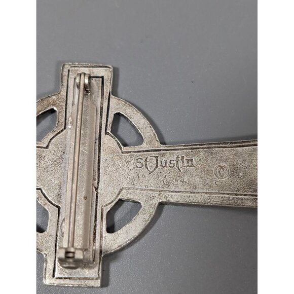 Vintage St Justin Pewter Cross Pin Brooch Celtic Knot Silver Tone - Picture 6 of 7